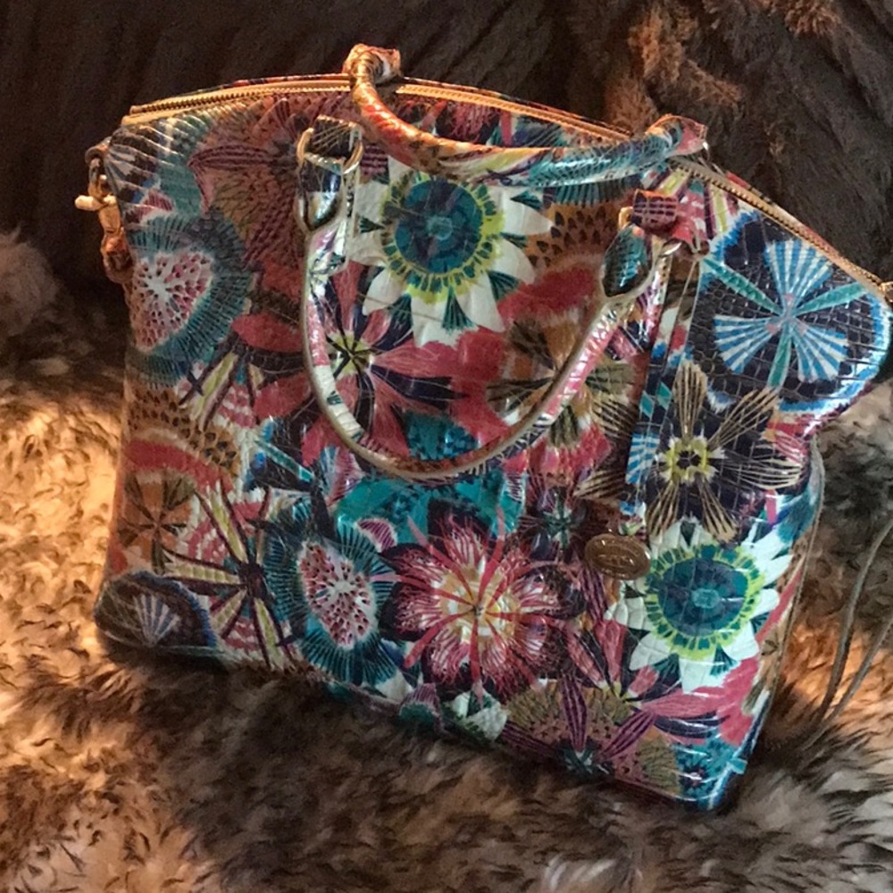 Brahmin Large Duxbury  Flowers Red and Pink Satchel with Glossy Finish
